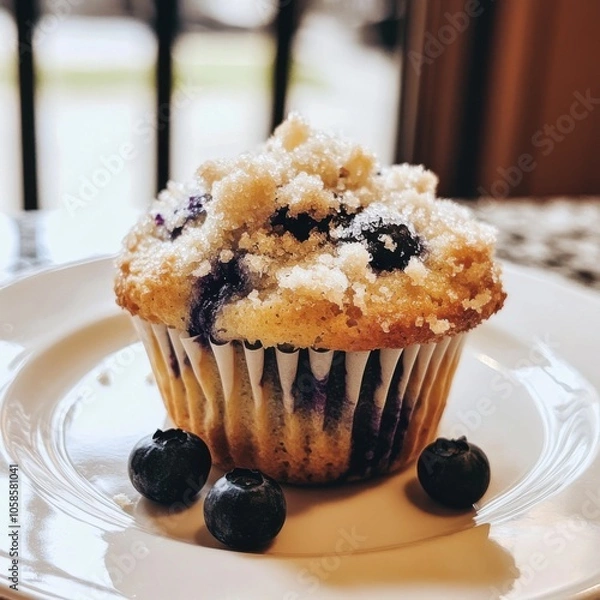Fototapeta A delicious and moist blueberry muffin with a crumbly top, served on a white plate, Muffin centered with a light dusting of sugar