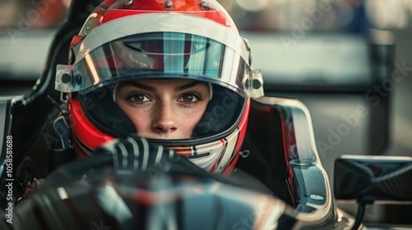 Fototapeta Female race car driver focused in helmet, intense expression, ready to race.