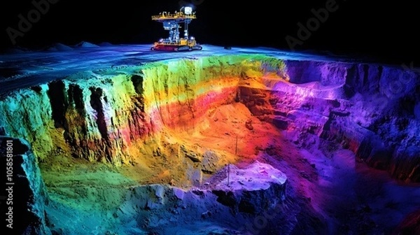 Fototapeta Vibrant and colorful 3D digital of a copper mine landscape with active drilling the underground mining machinery and equipment in a dramatic geological environment