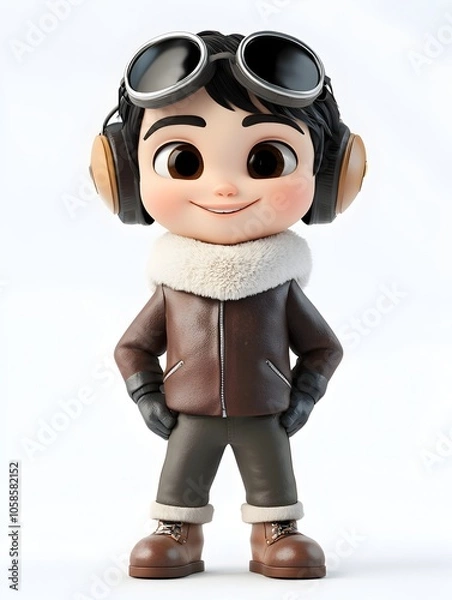 Fototapeta Whimsical 3D cartoon style image of a young boy dressed as an explorer wearing a leather jacket goggles and headphones with a sense of adventure and curiosity
