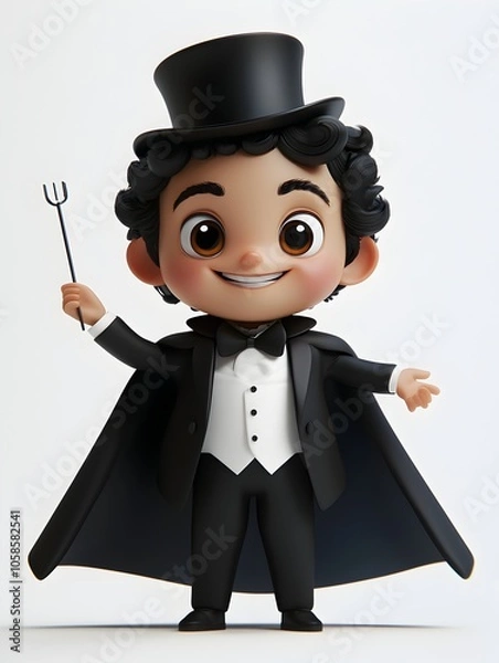 Fototapeta A delightful 3D cartoon style image of a young smiling boy dressed up in a formal tuxedo and top hat resembling a magician or gentleman  The character has a cheerful