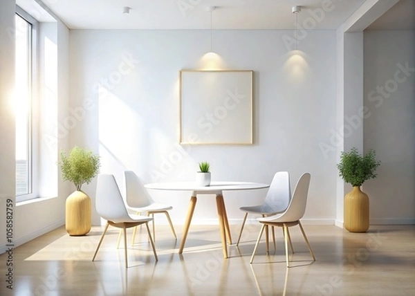 Fototapeta Long Exposure Photography of a Minimalist Room with a Round Table and Chairs
