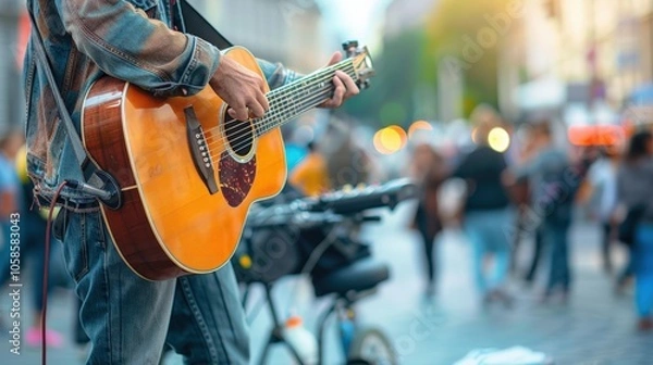 Fototapeta Musician playing guitar in a busy urban setting with blurred crowd.