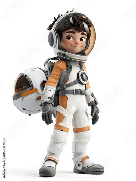 Fototapeta Cartoon Style 3D Image of a Young Boy Wearing a Futuristic Space Suit and Helmet Exploring the Mysteries of Outer Space and Embarking on an Adventurous Cosmic Journey
