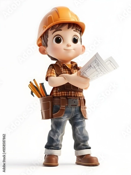 Fototapeta Cartoon Style Image of a Young Boy Dressed in a Construction Worker s Outfit Holding Blueprints and a Variety of Tools Symbolizing His and Potential in the Construction or Engineering Field