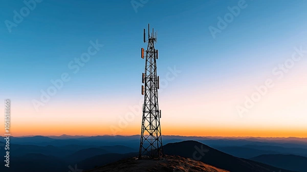 Fototapeta Telecommunication tower on a mountain at sunset with clear sky and distant hills