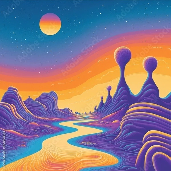 Fototapeta A surreal landscape at twilight with flowing river and alien formations under a glowing sky