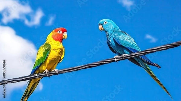 Fototapeta Two colorful rival birds perched on a telephone wire against a bright blue sky, with yellow and blue parakeets positioned on the power line, leaving ample space for visuals.