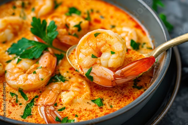 Obraz Spoon lifting a shrimp from a delicious moqueca, a traditional brazilian seafood stew with coconut milk, tomatoes, onions, garlic and cilantro