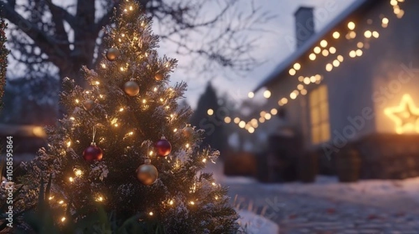 Obraz Christmas Tree Light - Christmas Tree With Baubles And Blurred Shiny Lights

