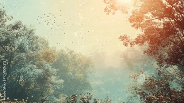 Obraz Retro vintage design captures a scenic forest with a sunny background, perfect for product wallpapers inspired by the 1950s design aesthetic. The photo offers ample copy space.