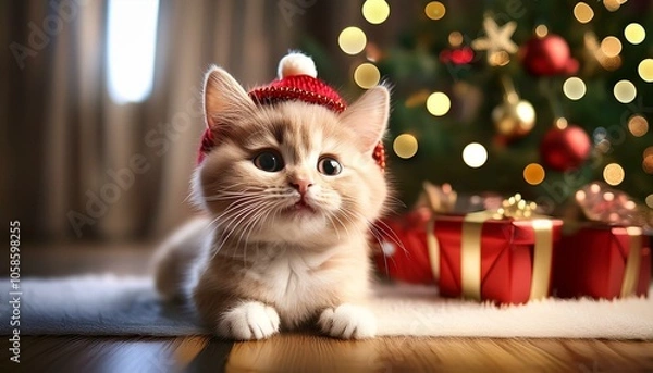 Fototapeta A cute little cat, kitten wearing a santa hat in front of a Christmas tree