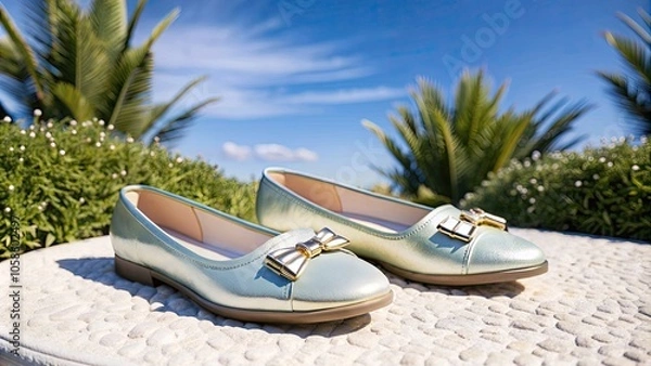 Fototapeta Elegant women's shoes on a stone surface with a sunny background, perfect for casual or formal occasions.