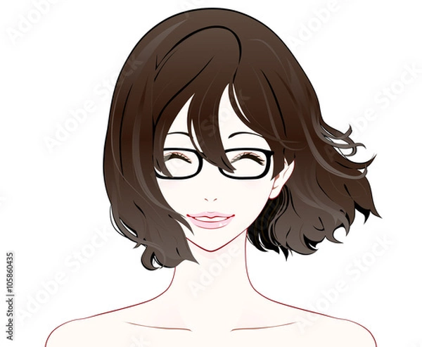 Obraz メガネをかけた女性の表情 / 笑顔 / ヌード / なびく髪