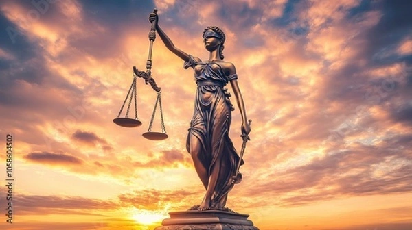 Obraz Lady Justice Statue with Scales of Justice at Sunset