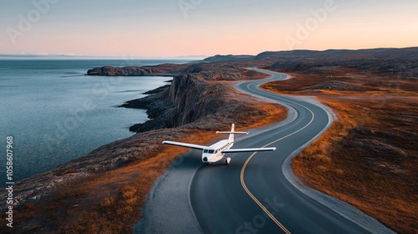 Fototapeta A small airplane parked on a winding coastal road surrounded by rocky terrain and adjacent to a calm ocean during sunrise or sunset.