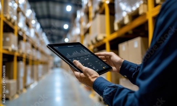 Obraz A warehouse worker holds an iPad while managing inventory in a modern storage facility. The technology aids in efficient stock tracking and analysis in logistics.