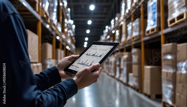 Obraz A warehouse worker is engaging with an iPad, reviewing inventory data on the screen amidst shelves of stored goods, showcasing modern inventory management practices.