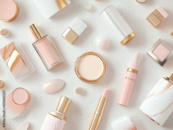 Obraz Elegant cosmetics with gold accents, diverse styles and colors, flat design illustration