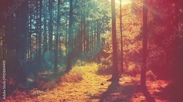 Obraz Retro vintage design captures a scenic forest with a sunny background, perfect for product wallpapers inspired by the 1950s design aesthetic. The photo offers ample copy space.