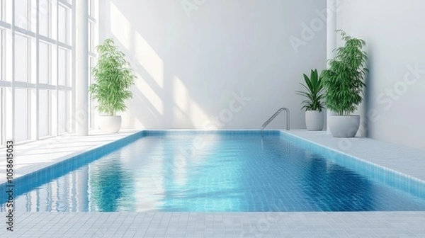 Fototapeta Elegant indoor swimming pool with a sun terrace, offering a luxurious atmosphere for relaxation and leisure. The swimming pool area is designed for comfort and style, with ample copy space.