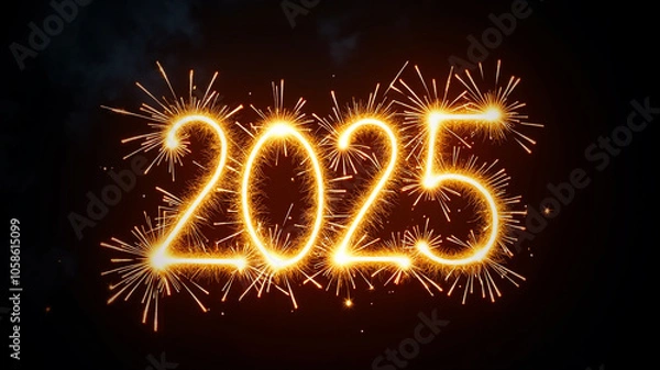 Fototapeta 2025 written with a sparkler. Happy New Year 2025