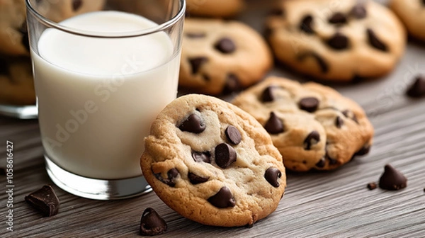 Fototapeta Close-up of chocolate chip cookies with a glass of milk on a wooden table background, emphasizing snack time or dessert concept