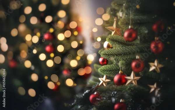 Fototapeta Two decorated Christmas trees with twinkling lights, one in focus with red ornaments and gold stars, the other blurred in the background.