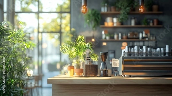 Fototapeta Modern Café with Stylish Interior Design, Cozy Atmosphere, and Contemporary Coffee Bar Setup