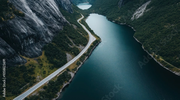 Fototapeta Aerial view of a winding road alongside a tranquil, narrow lake in a mountainous landscape covered with dense green forests and rocky cliffs.