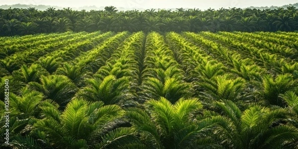 Obraz View from the back of a palm oil plantation featuring rows of palm oil trees. The field perspective showcases the organized layout of palm oil tree plantations.