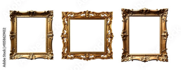 Fototapeta Set of Ornate Vintage Gold Frames with Intricate Carvings on Black Background - Elegant Baroque Style