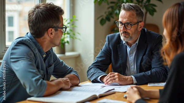 Obraz Business Team in Serious Discussion Around Table in Office – Professional Consultation or Meeting Scene