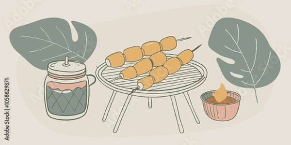 Fototapeta Summer BBQ Feast A festive outdoor BBQ scene with skewers of labgrown meat on a grill accompanied by corn on the cob colorful bell pepper slices and a jar of tangy barbecue sauce