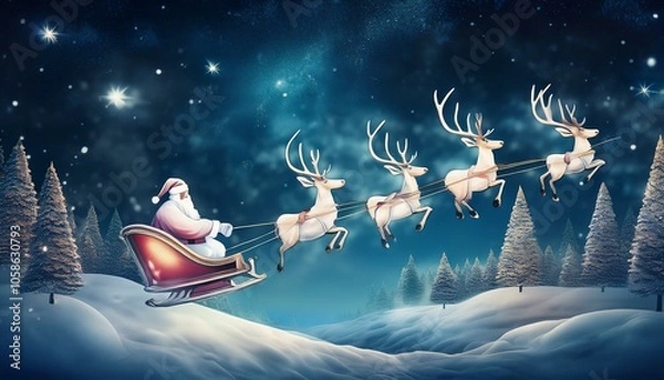 Obraz Santa flying in the night sky in the sleigh with his reindeers during Christmas
