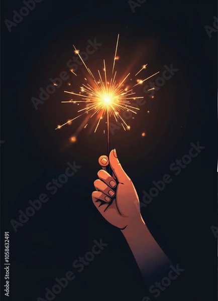 Fototapeta elegant and simple vector of a hand holds a sparkler with sparks glowing on dark gradient background