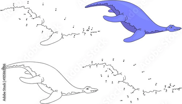 Fototapeta Cartoon pliosaur. Coloring book and dot to dot game for kids