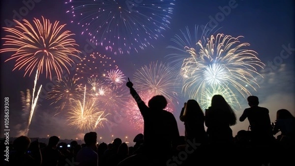 Obraz Celebration crowd watching New Year fireworks in sky