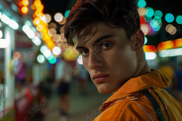 Fototapeta Generative AI Image of Young people friends Woman Man Enjoying Summer Fair with Colorful Amusement Park Background