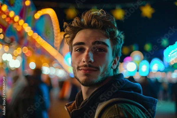 Fototapeta Generative AI Image of Young people friends Woman Man Enjoying Summer Fair with Colorful Amusement Park Background