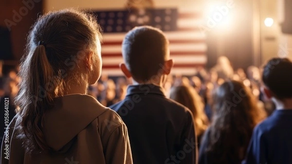 Fototapeta Unity and Respect: School Children Honoring Veterans in Warmly Lit Veterans Day Assembly