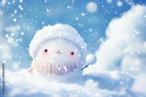 Obraz A cute snowman character wearing a cozy hat and scarf, enjoying a snowy winter day with falling snowflakes in a dreamy background.