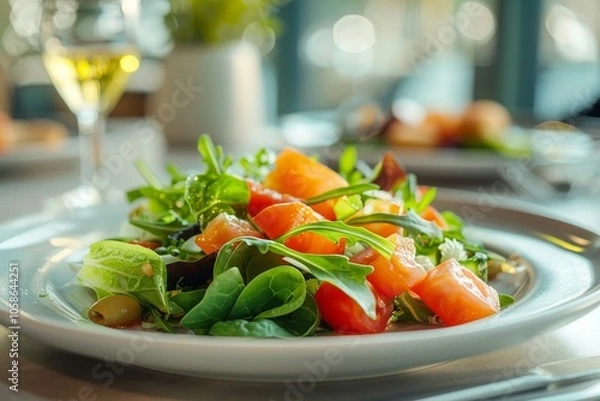 Fototapeta Simple salad for a break: plate on a café table