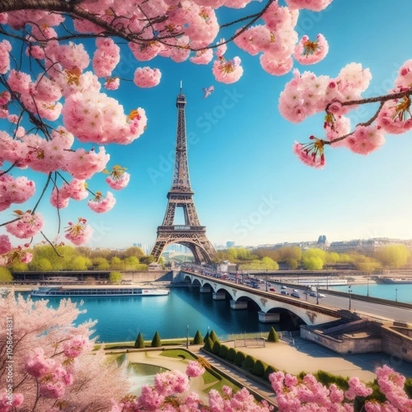 Fototapeta Eiffel Tower framed by spring cherry blossoms under clear blue sky.