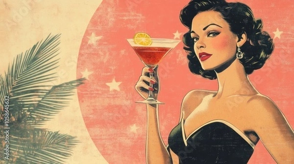 Fototapeta A retro-style illustration of a woman in a black dress holding a martini glass with a lemon twist. The background is a pink circle with white stars, and a palm tree leaf peeks in from the left.