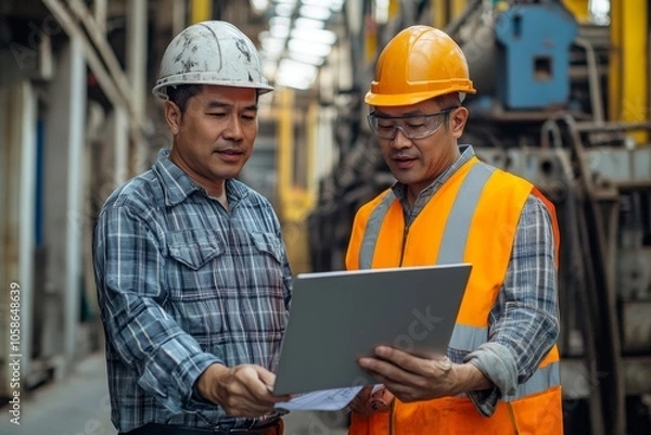 Fototapeta Builder engineer and supervisor consultant inspection job plan  concept, Asian contractor and foreman looking blueprint in computer laptop and checking process plan of factory warehouse, Generative AI