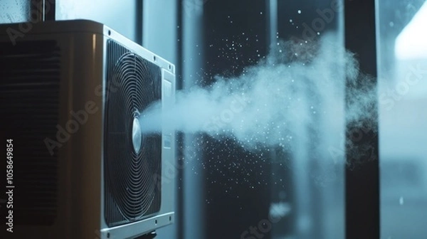 Fototapeta A close-up of an air conditioner unit emitting a plume of steam.