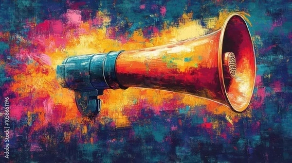 Fototapeta colorful megaphone illustrated against a vibrant backdrop, symbolizing marketing and advertising concepts, with bold typography and dynamic design elements that convey energy and creativity