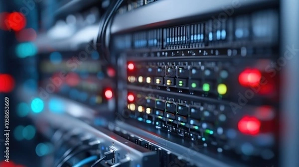 Fototapeta Server Racks With Lights and Cables