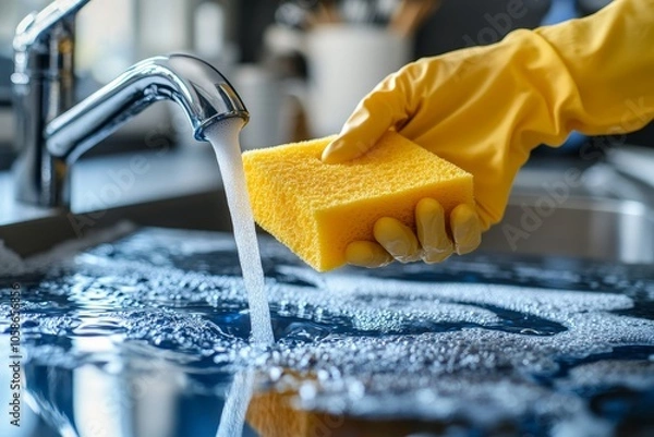 Fototapeta house maid cleaning sink in the kitchen with sponge and cleanser, Generative AI
